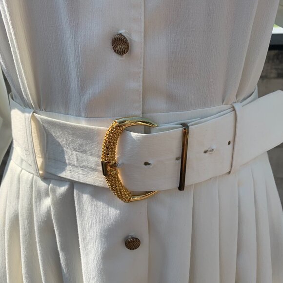 Vintage 80s 90s Full Button Belted Long Dolman Sleeve Pleated Midi Dress - Picture 3 of 16